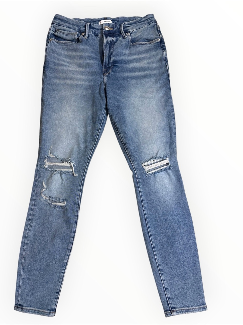 Good American high-waisted distressed skinny jeans